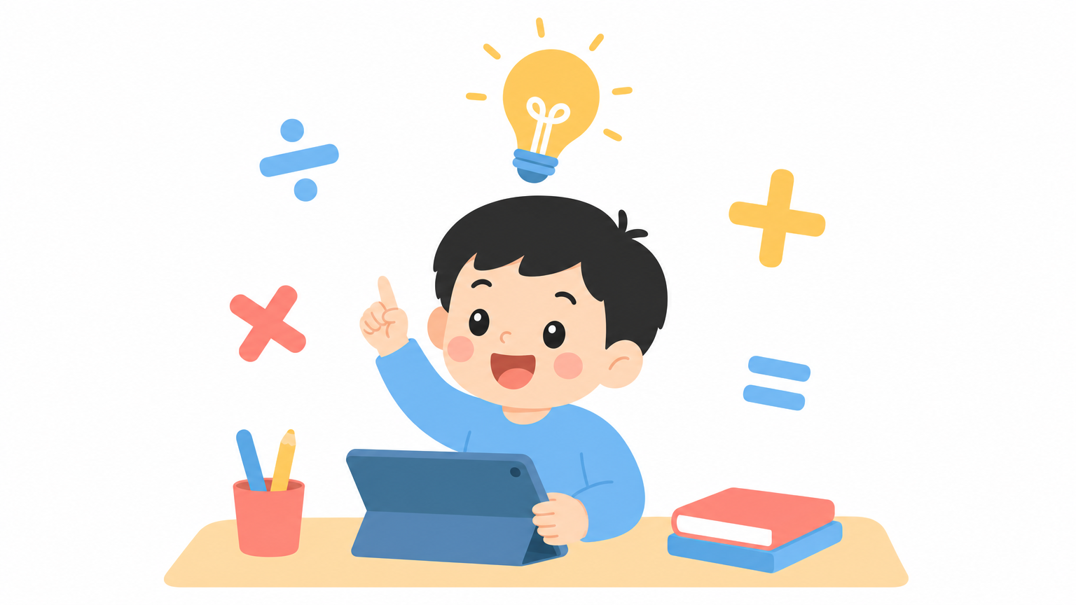 孩子用平板学习数学，周围漂浮着数学符号和灯泡